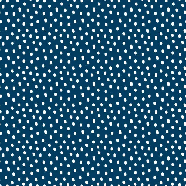 Vector illustration of Vintage Polka Dot seamless pattern. White irregular spots, scattered various shape specks on blue background. Abstract vector texture for nursery and fashion print design