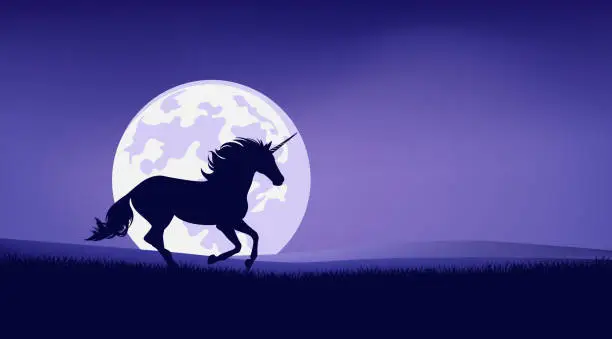 Vector illustration of vector silhouette outline of fairy tale unicorn horse and full moon night landscape
