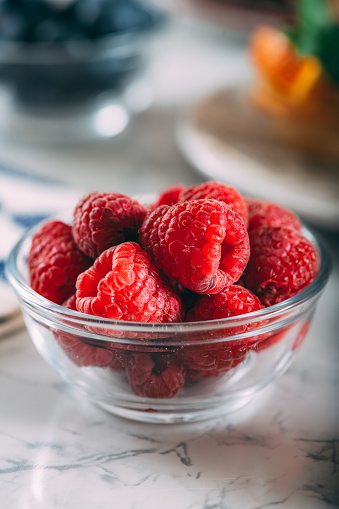 Fresh Raspberries in Glass Bowl