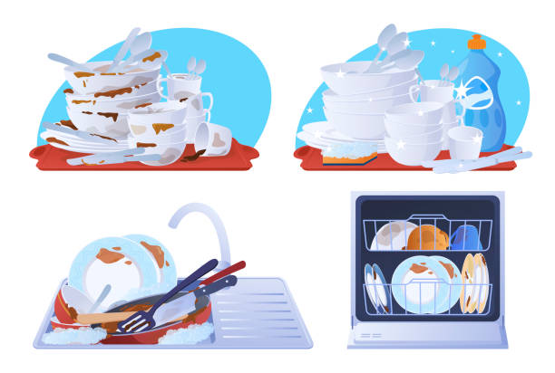 illustrations, cliparts, dessins animés et icônes de collection vaisselle sale et propre vectorielle illustration plate. ensemble de vaisselle couverte par un point de nourriture - cooking mess