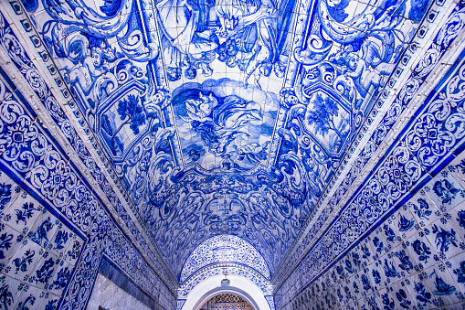 nazare, portugal, june, 20, 2017 :  blue ceramic azulejos decor in the  Church of Nossa Senhora da Nazare