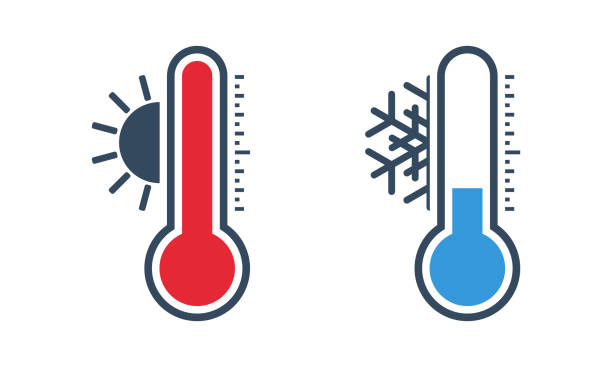 ilustrações de stock, clip art, desenhos animados e ícones de hot and cold temperature thermometers, flat vector bicolor icon - thermostat