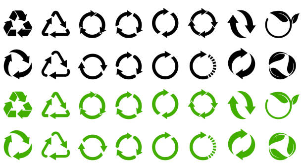recykling i ekologia ikony kolekcji ponownego wykorzystania koncepcji odpadów, papieru z recyklingu i opakowań przemysłowych znaki ilustracji wektorowej izolowane na białym tle - recycling symbol stock illustrations