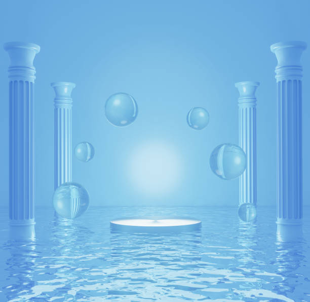 istock 3d rendering floating podium and water drops above blue ocean. surrounded by columns Minimal light blue color scheme. Moisturizer cosmetic product concept. 1328149440