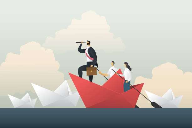 Leader looking through a telescope on a paper boat on the sea. Businessman Leader looking through a telescope by two business people stands with a paddle floating on a paper boat on the sea.  illustration Vector boat captain illustrations stock illustrations