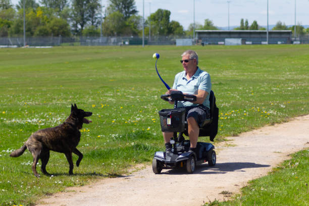 Disabled man throwing ball for his dog to fetch whilst driving a mobility scooter, showing that disability doesn't prevent you from enjoying the simple things in life like exercising our well loved pets. stock photo