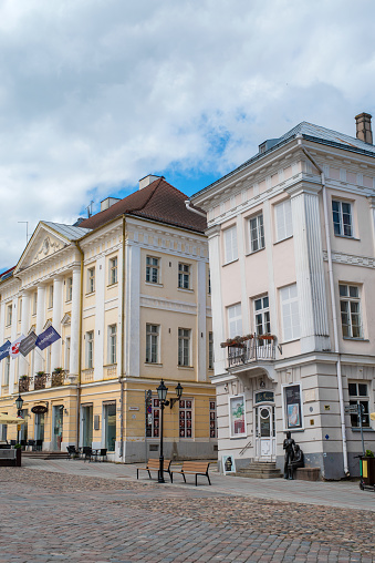 Tartu, Estonia - May 29 2021: The Tartu Art Museum (TAM) at Tartu Town Hall Square on a sunny spring day. Selective focus.