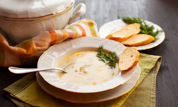 istock Creamy fish soup with salmon, potatoes and dill 1328152419