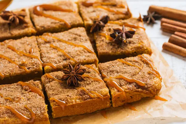 Spicy Pumpkin Cbars Blondie Squares with Cinnamon, Anise and Caramel. Traditional English Dessert. Top view