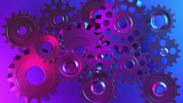 Animation of a gear and a gear mechanism in neon lighting. The concept of high-tech digital technologies and engineering