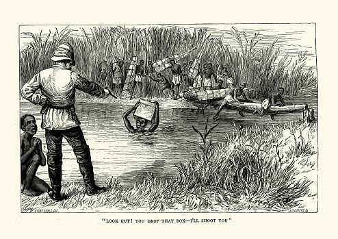 Vintage illustration of Henry Morton Stanley, threatening an African porter, expedition to find Livingstone