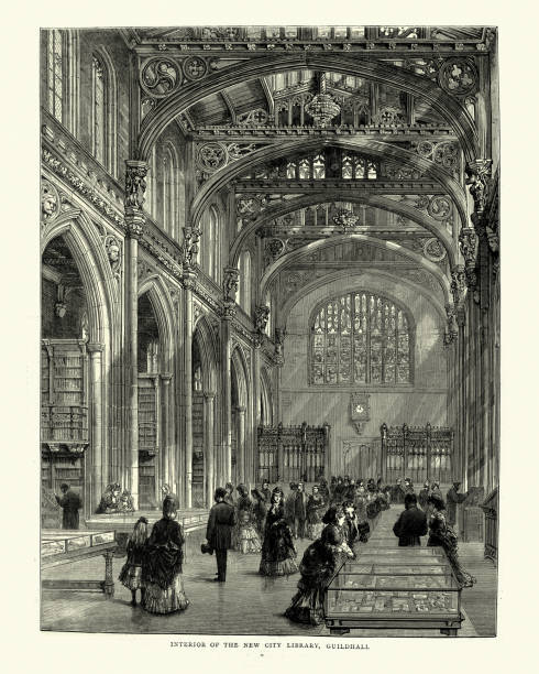 innenraum der stadtbibliothek, guildhall, london, 1870er jahre, viktorianisches 19. jahrhundert - sammlervitrinen stock-grafiken, -clipart, -cartoons und -symbole