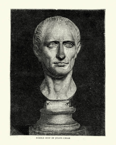 Marble bust of Julius Caesar, Ancient Roman general and statesman Vintage illustration of Marble bust of Julius Caesar, Ancient Roman general and statesman. A member of the First Triumvirate, Caesar led the Roman armies in the Gallic Wars before defeating Pompey in a civil war and governing the Roman Republic as a dictator from 49 BC until his assassination in 44 BC. julius caesar bust stock illustrations