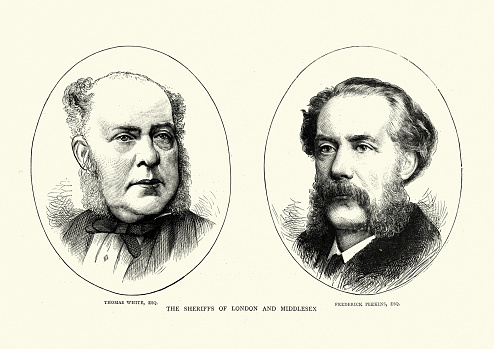 Vintage illustration of Thomas White and Sir Frederick Perkins Sheriffs of London and Middlesex 1872