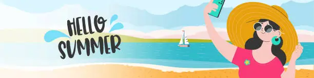 Vector illustration of Hello summer. Vector horizontal banner. A girl takes a selfie on the beach against the background of the sea.
