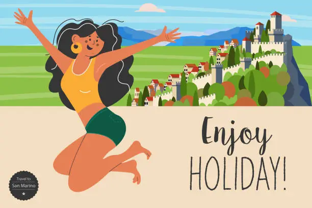 Vector illustration of Travel on vacation. A trip to Europe. Vector illustration. Landscape of San Marino.