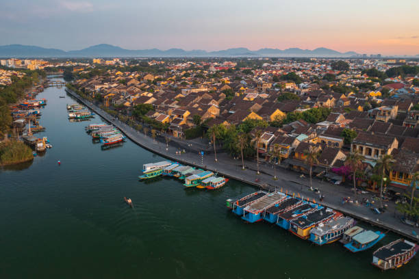 Thu Bon river of ancient town Hoi An Drone view Thu Bon river of ancient town Hoi An, Quang Nam province, Vietnam. thu bon river stock pictures, royalty-free photos & images