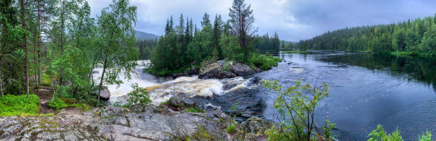 rivière forestière avec cascade en vue rapide. îles forestières et taïga à l’horizon. été en carélie. - waterfall rapid landscape woods photos et images de collection