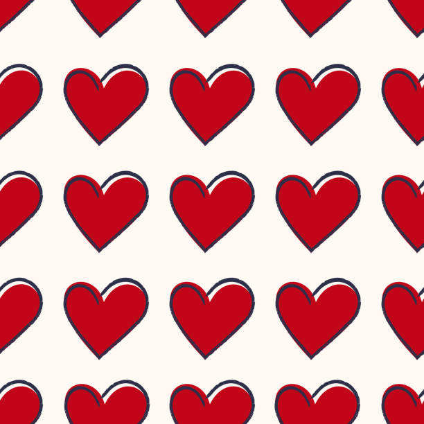 Red hearts with blue abstract outline seamless repeat pattern. Vector love sign all over surface print on ecru white background. all over pattern stock illustrations