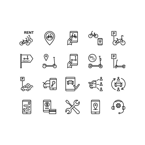 Urban transportation sharing flat line icons set. Car, bike and electric scooter rental, sharing service, parking, eco transport, pointer. Simple flat vector illustration for store, web site or mobile app Urban transportation sharing flat line icons set. Car, bike and electric scooter rental, sharing service, parking, eco transport, pointer. Simple flat vector illustration for store, web site or mobile app. rent a bike stock illustrations