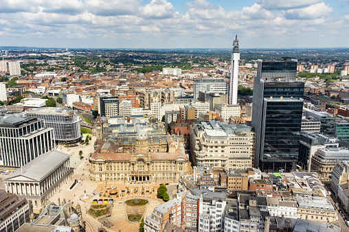 Wide angle aerial cityscape over the city of Birmingham, England, UK