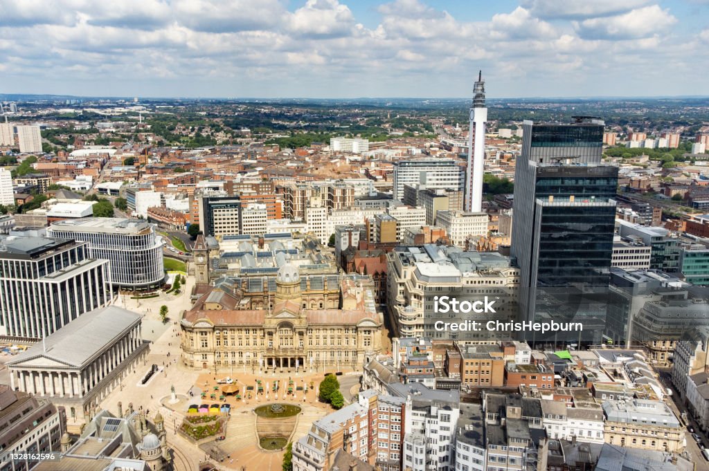 Birmingham Aerial Cityscape, England, UK Wide angle aerial cityscape over the city of Birmingham, England, UK Birmingham - England Stock Photo