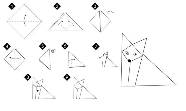 Steps how to make origami fox . Instruction Step by step how to make origami fox . Vector monochrome instructions illustration. Black and white paper DIY. origami instructions stock illustrations