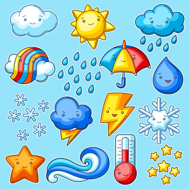 ilustrações de stock, clip art, desenhos animados e ícones de set of cute kawaii weather items. funny seasonal child illustration. - rain snow sun beauty