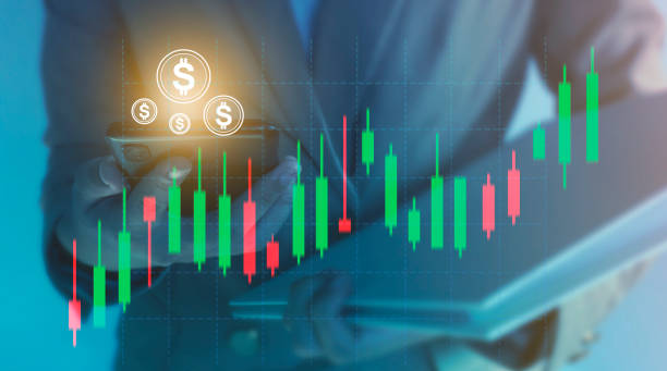 Business women working exchange at modern office.technical price graph and indicator, red and green candlestick chart and stock trading and bitcoin computer screen background.