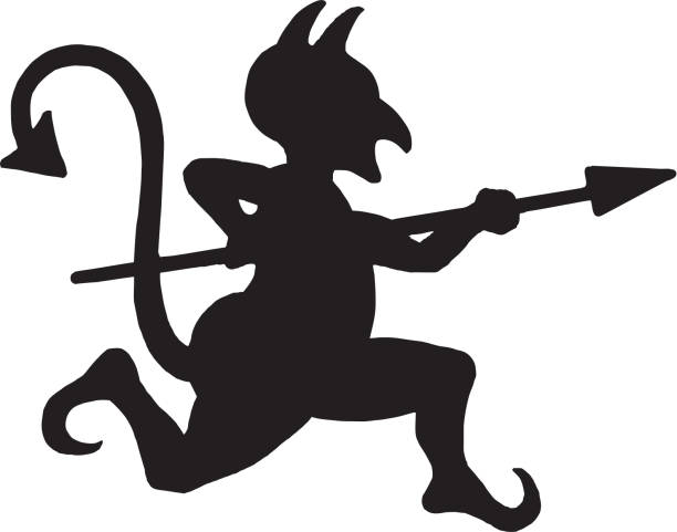 illustrazioni stock, clip art, cartoni animati e icone di tendenza di diavolo silhouette con lancia - devil