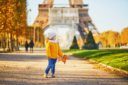 Adorable little girl in yellow jacket walking in autumn park on a sunny fall day. Happy child having fun outdoors on a street of Paris, France. Outdoor autumn activities for kids