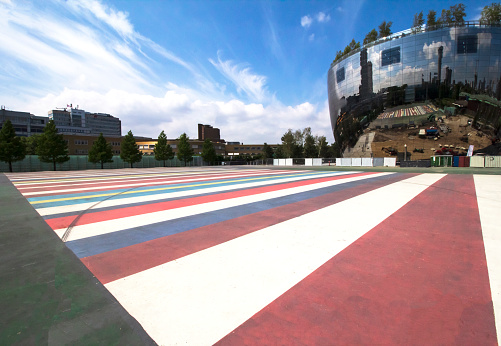 Coloured strips on the ground in front of the Depot building , in Rotterdam , the Netherlands