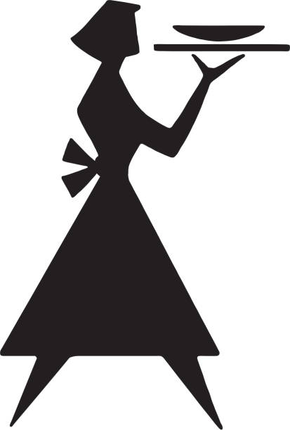 ilustrações de stock, clip art, desenhos animados e ícones de silhouette of a waitress - waitress stereotypical homemaker black and white service