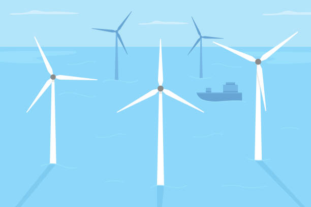 Wind farm locating in shallow water flat color vector illustration Wind farm locating in shallow water flat color vector illustration. Renewable energy generation. Producing electricity. Deep-water location 2D cartoon landscape with ocean windmills on background wind farm sea stock illustrations