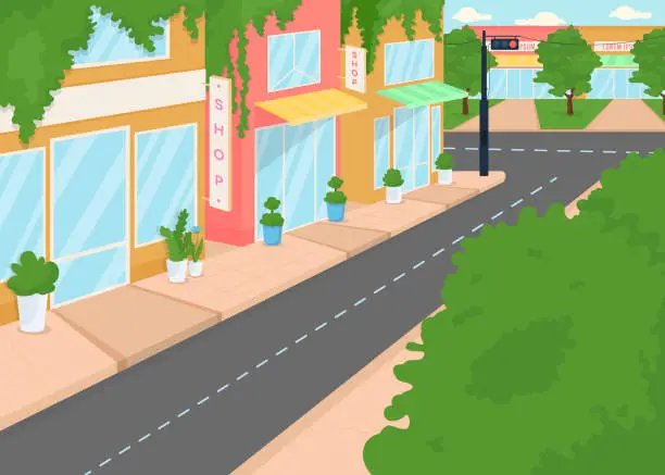 Vector illustration of Summer city street flat color vector illustration