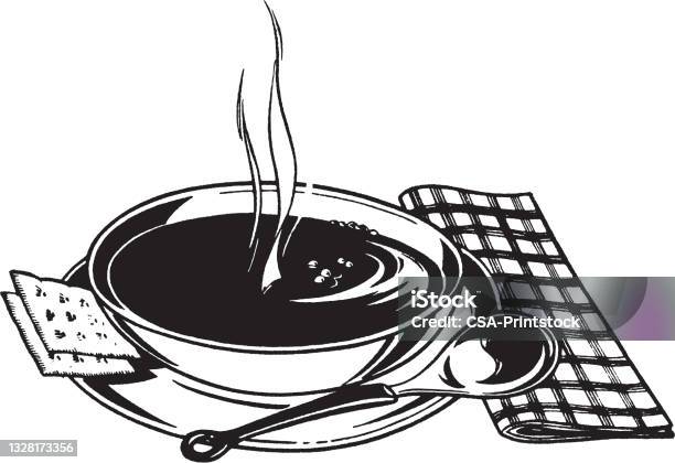 Hot Soup Bowl Stock Illustration - Download Image Now - Soup, Illustration, Black And White