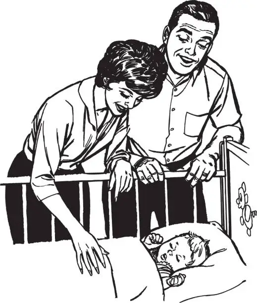 Vector illustration of Parents standing close to baby bed