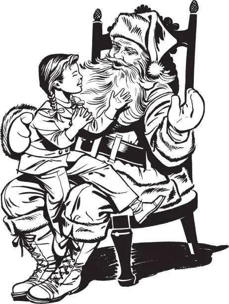 Vector illustration of Girl sitting on Santa Claus knees