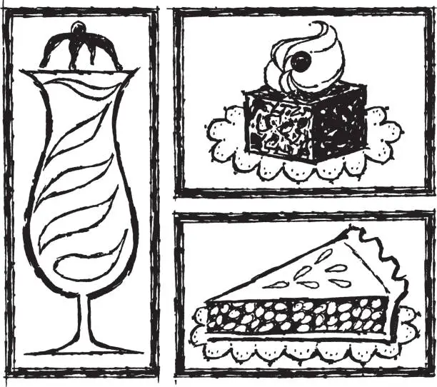 Vector illustration of View of three frames with desserts