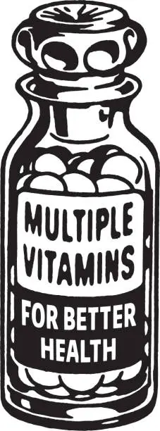 Vector illustration of Glass bottle of vitamin pills