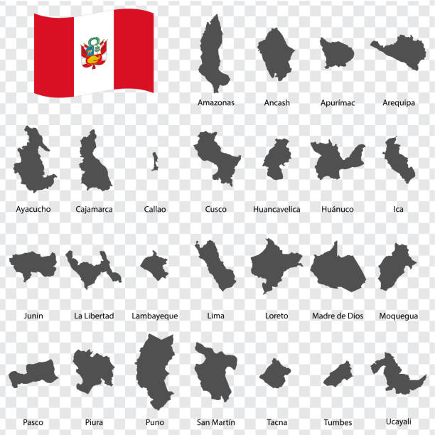 dwadzieścia pięć map peru - kolejność alfabetyczna z nazwą. każda mapa regionów jest wyświetlana i izolowana za pomocą sformułowań i tytułów. republic of peru. eps 10. - ice stock illustrations