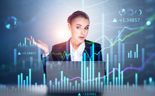 istock Businesswoman with laptop, video call, graph changes lines and bars with numbers 1328175199