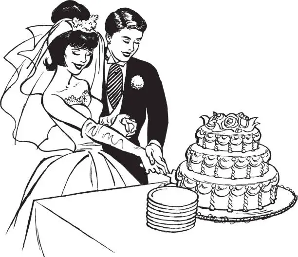 Vector illustration of Bride and groom cutting wedding cake