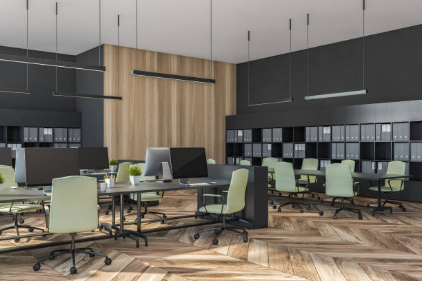 istock Grey open space office with meeting room corner 1328175479