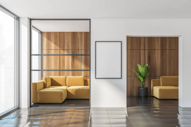 istock White and wooden office waiting room with vertical poster 1328175621