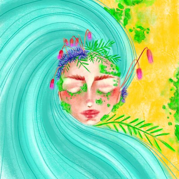 ilustrações de stock, clip art, desenhos animados e ícones de illustration of woman with blue hair, moss and flowers - book magic picture book illustration and painting