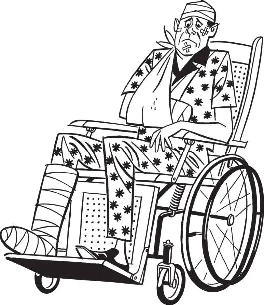 Vector illustration of Illustration of man in wheelchair with broken arm and leg