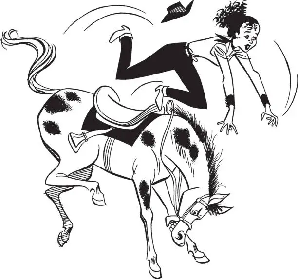 Vector illustration of Woman falling off saddled horse