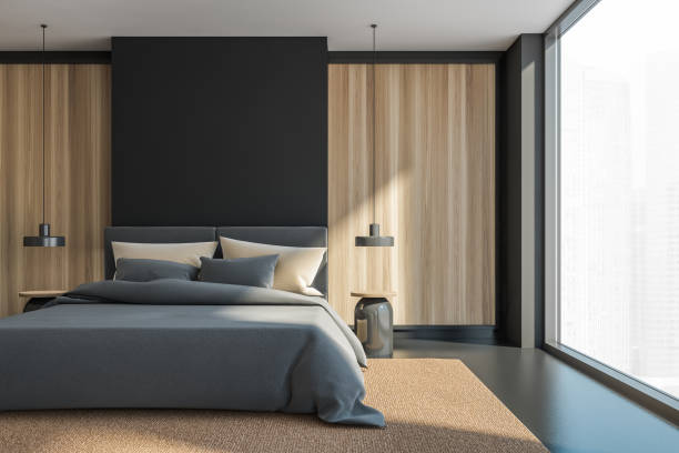istock Wooden and grey panoramic master bedroom interior design 1328176539