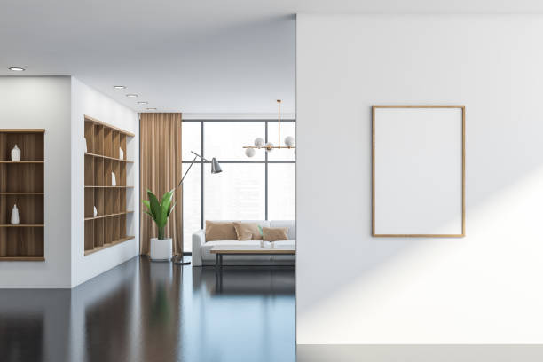 istock Light living room interior with sofa and decoration rack, mockup poster 1328176557